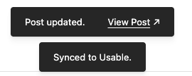 The block editor notice: Synced to Usable.